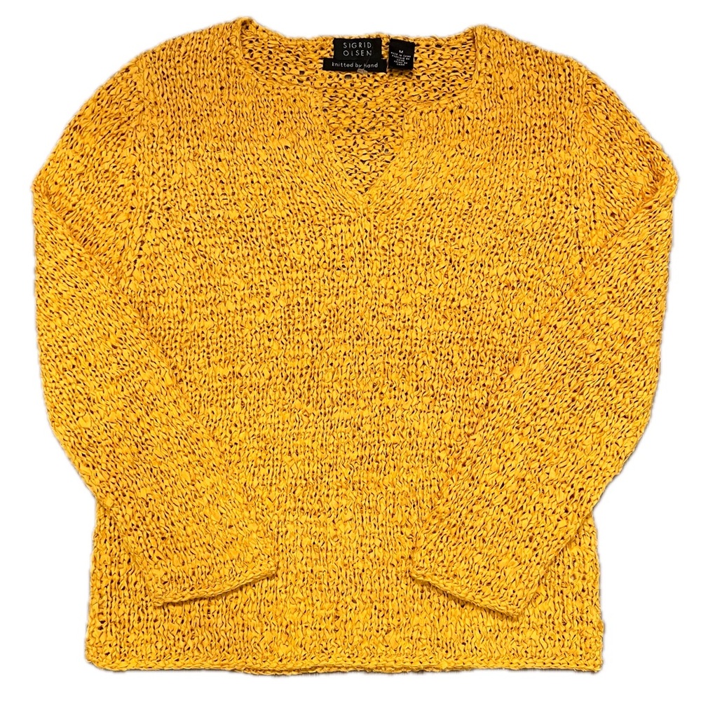 Sigrid Olsen Yellow Silk Ribbon Knit Sweater Top mustard medium hand knitted